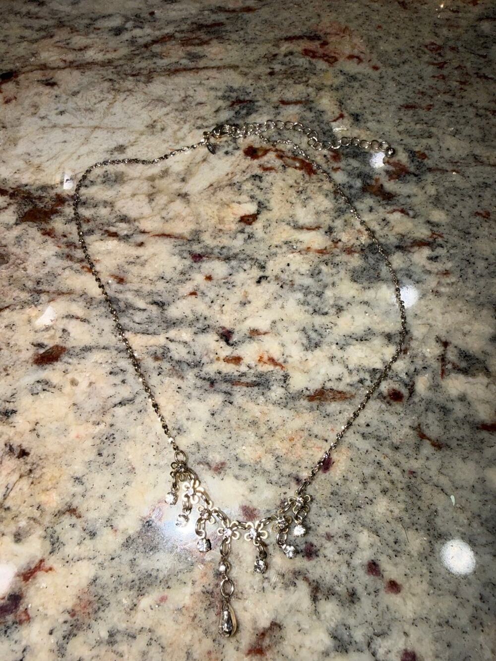 Avon Silver-Tone Rhinestone Floral Drop Necklace